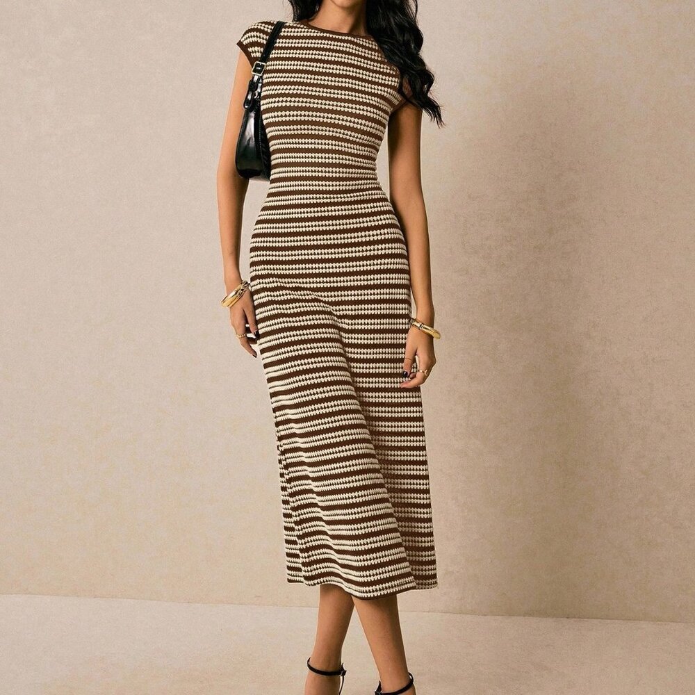 Brown Casual Women's Striped Round Neck Dolman Sleeve Dress
